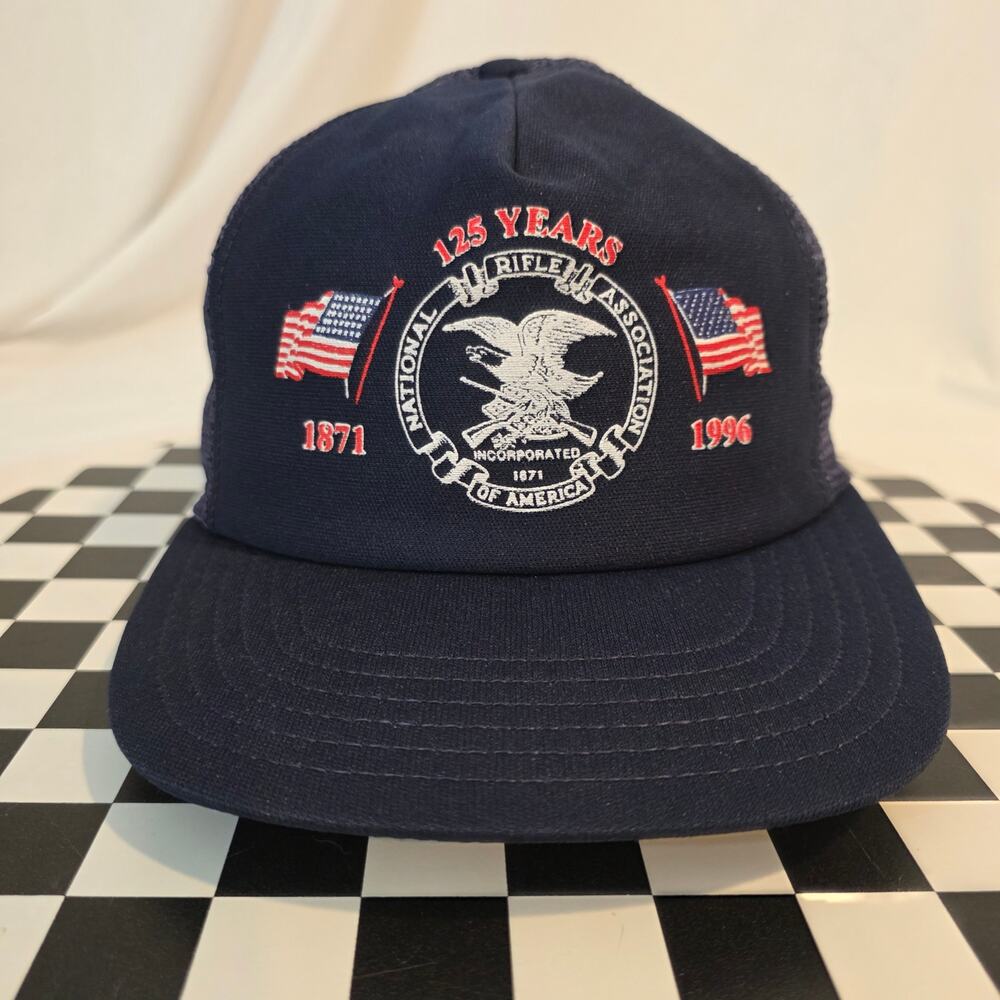 Vintage 90s NRA 125 Years Tracker Hat Snapback Navy Blue Made in USA